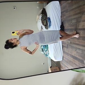 Knit striped high neck slit midi dress